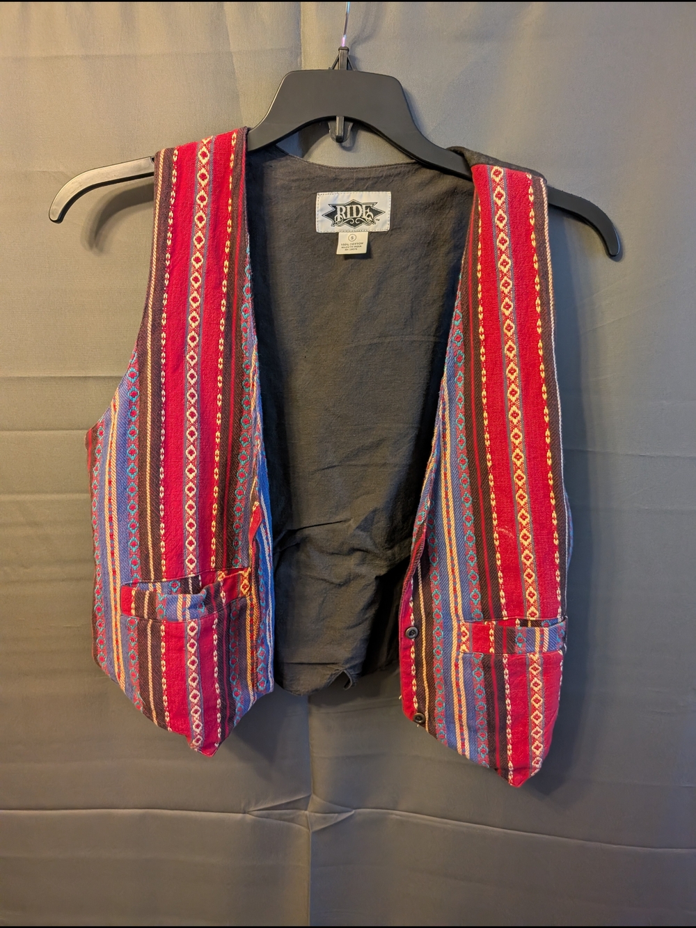 Vintage RIDE Southwestern Woven Cotton Stripe Vest Boho Tribal Geometric Small